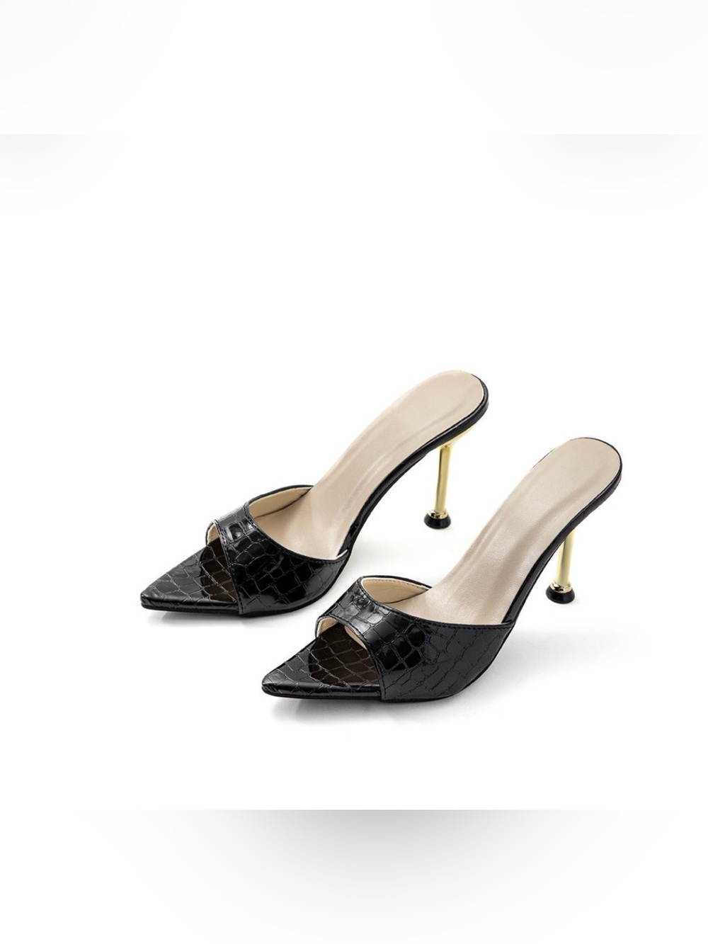 Black Croc-Embossed Pointed Toe Mule Heels with Gold Stiletto - Women